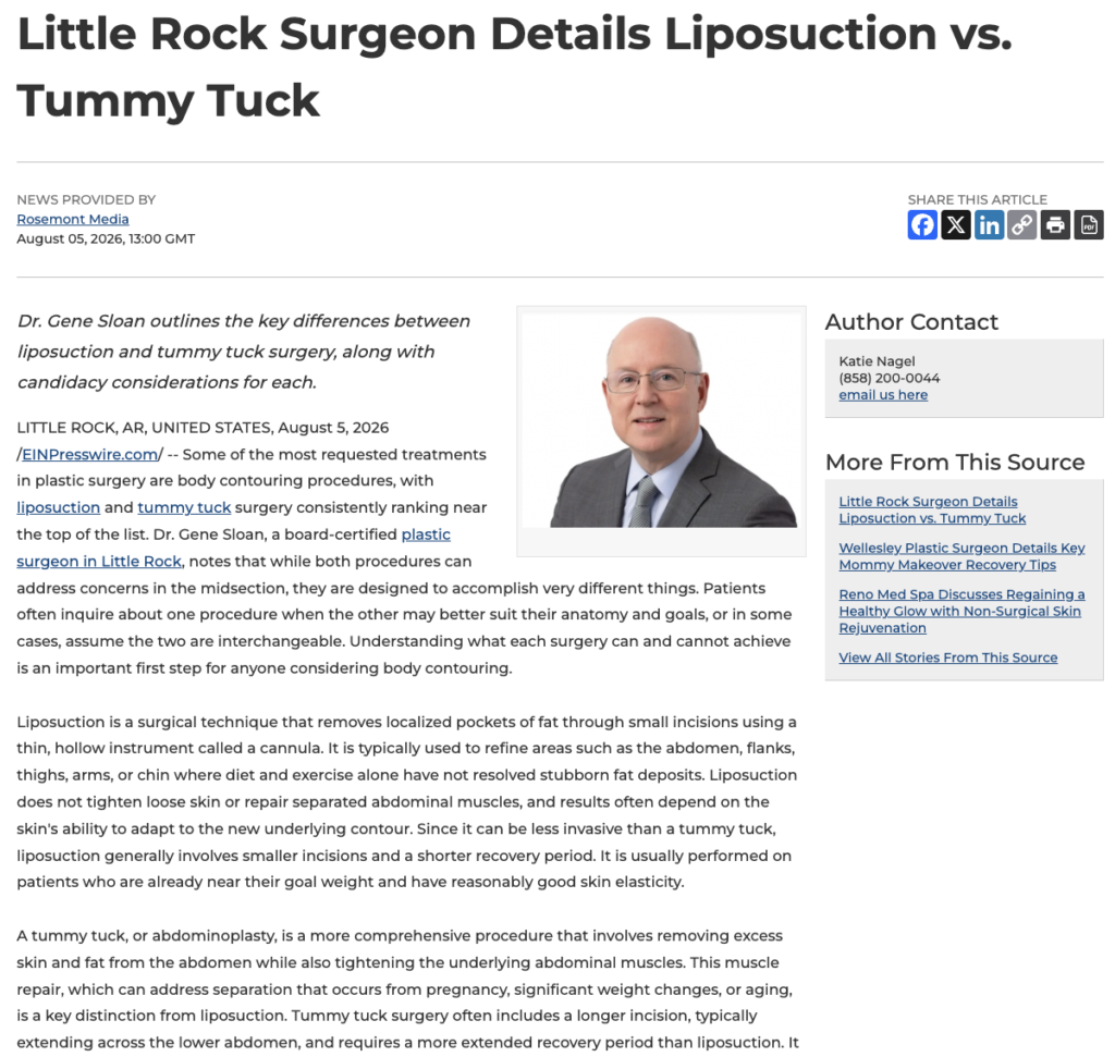 Dr. Gene Sloan, a Little Rock plastic surgeon, compares two popular body contouring procedures: liposuction and tummy tuck surgery.